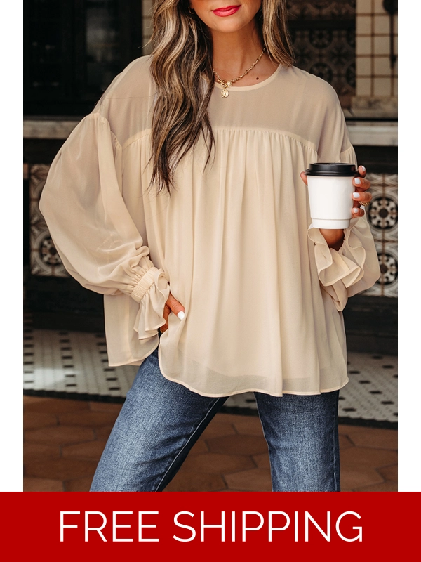 Parchment Pleated Ruffle Long Sleeve Chiffon Blouse